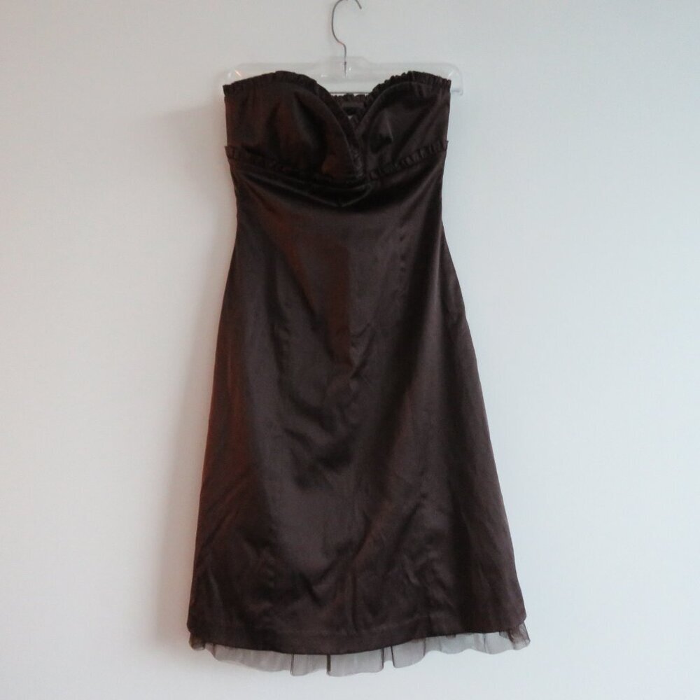 VINTAGE Y2K RW & CO Espresso Brown Satin Sweetheart Tulle Dress Goth - Size US 0 - Picture 7 of 15